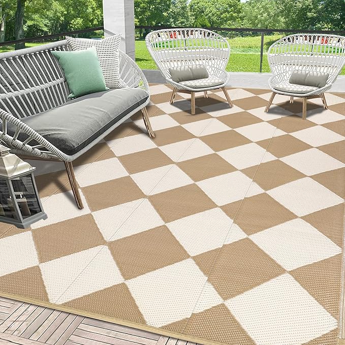 HEBE Outdoor Rug Waterproof 8x10, Plastic Straw Rug Camping Rug, Reversible Outdoor Patio Rugs RV Mat Clearance, Indoor Outside Floor Carpet for Porch,Deck,Camper,Balcony,Backyard