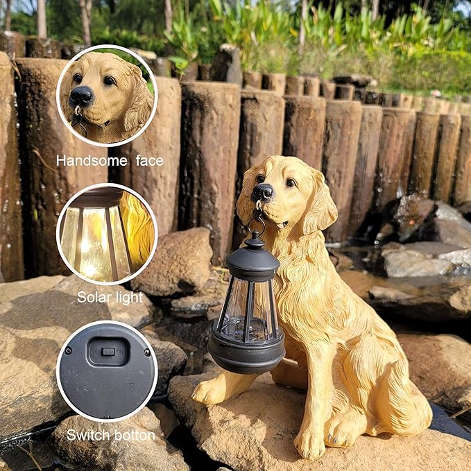 NASKY The Resin Handicraft Solar - Powered Hanging Lamp in The Shape of A Simulated Puppy of The Courtyard is Suitable for Places Such As Courtyards, Gardens and Balconies (Golden Hair)