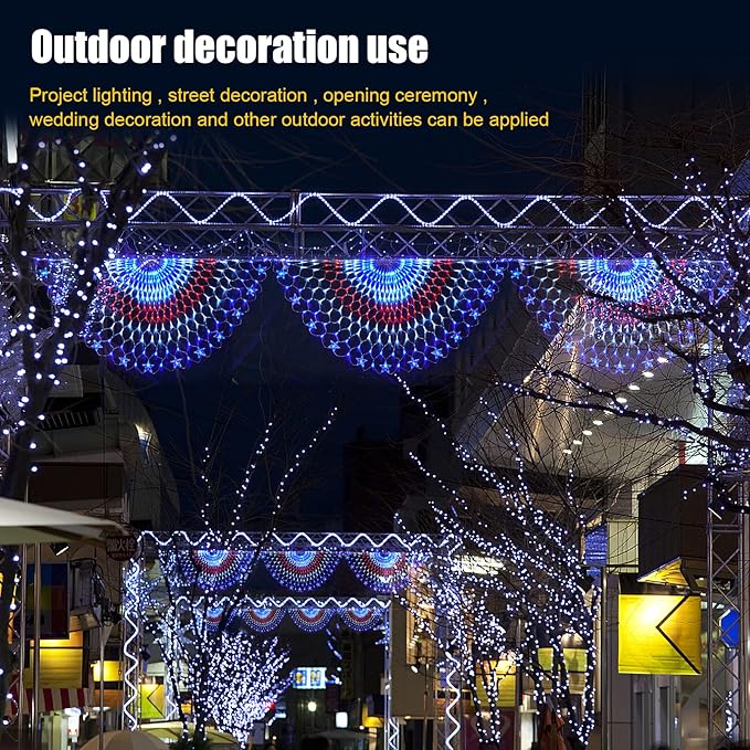 Family Patriotic American Flag String Lights - 250 LED Half Fan Shaped Outdoor Waterproof Lights, 4th of July Decorations, Independence Day, Memorial Day, USA 2pcs