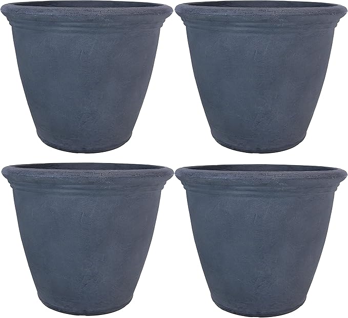 Sunnydaze 20-Inch Anjelica Large Plastic Pot for Plants - Outdoor Polyresin Round Planter with Drillable Drainage Holes - Slate - 4pk