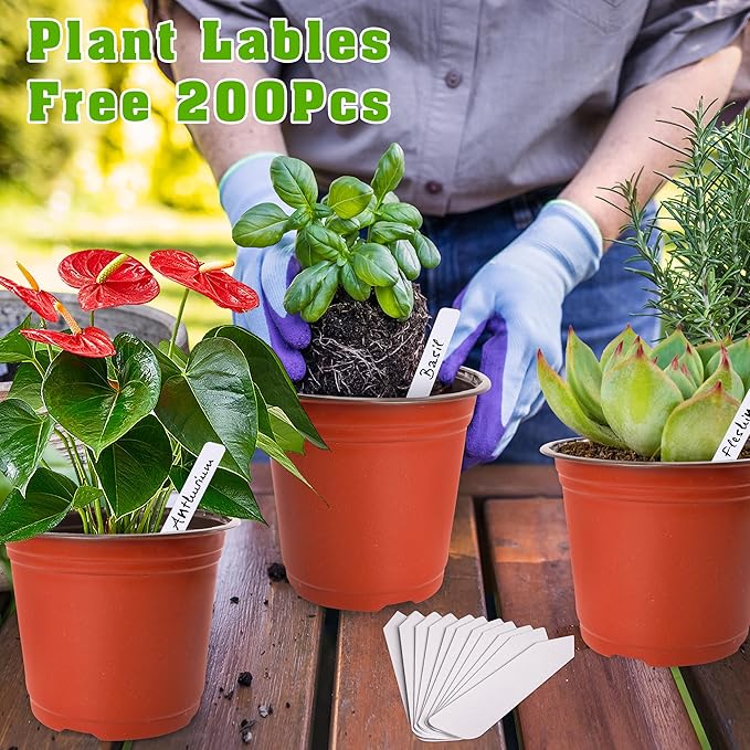 TDHDIKE 6 Inch Plastic Plant Nursery Pot/Pots (200pcs Pots and 200pcs Plant Labels) Seedlings Flower Plant Container (Red) Seed Starting Pots Indoor Outdoor