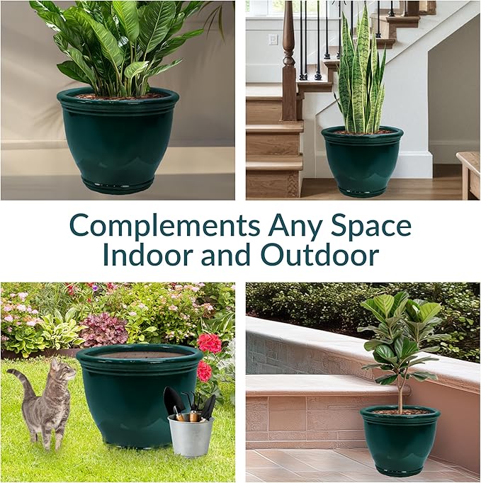 Sunnydaze Studio Large Ceramic Plant Pot - Round Outdoor Glazed Ceramic Planter Pot with Drainage - Dark Green - 18.5 in