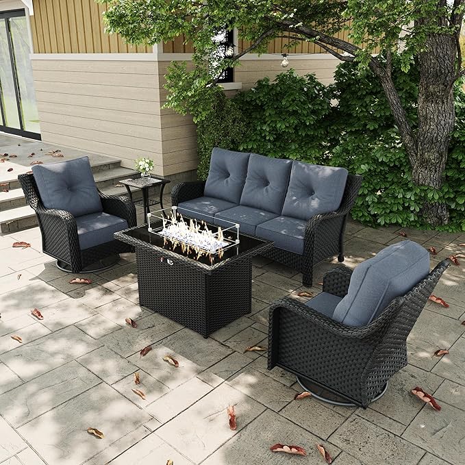 5 Pieces Outdoor Patio Furniture Sets with Rocking Swivel Chairs with 6-inch Thick Cushion and Fire Pit Table for Deck Lawn
