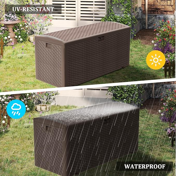 180 Pro Gallon Waterproof Outdoor Storage Bin Resin Deck Box for Patio, Poolside, and Garden, Lockable & UV-Resistant, Brown
