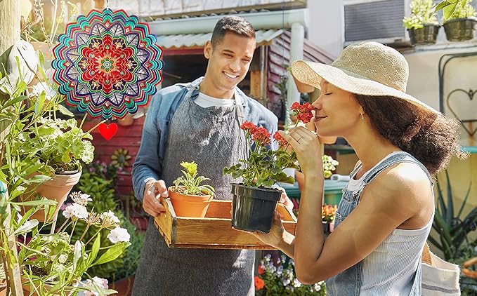 SteadyDoggie Wind Spinner Mandala Flame 12 inches - 3D Stainless Steel - Laser Cut Metal Art Geometric Pattern - Yard Spinners Outdoor - Hanging Wind Spinner, Kinetic Yard Art Decorations