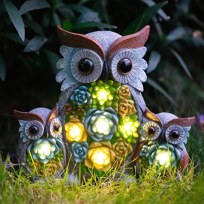 Solar Garden Statue Lights Owl Figurine with LED Lights, Outdoor Garden Succulent Ornaments Waterproof Decoration for Outside Patio Yard Lawn Decor