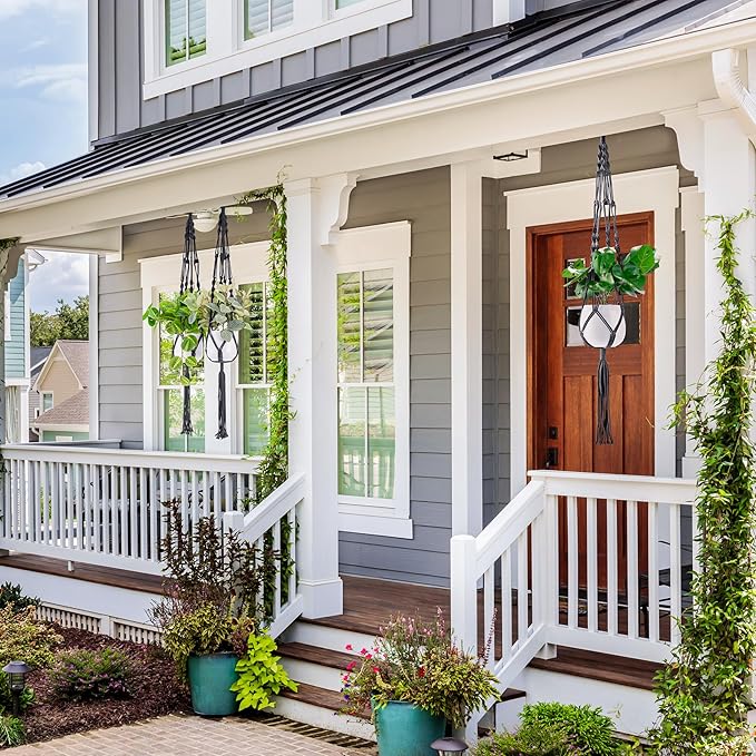 Sorbus Macrame Plant Hanger (6 Pack) Indoor Outdoor Hanging Plant Pots Cotton Rope, Elegant for Home, Patio, Garden (Black)