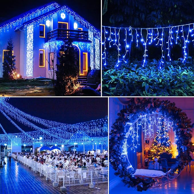 Christmas Icicle Lights Outdoor, 98FT 1216 LED Icicle String Lights with 8 Modes 228 Drops, Curtain Twinkle Lights for Bedroom House Holiday Party Wedding Decorations, Blue