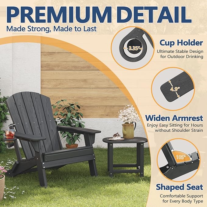 Folding Adirondack Chair Set of 3 with Cup Holder, HDPE All Weather Resistant Plastic Outdoor Patio Chairs, Heavy Duty Fire Pit Seating for Backyard Lawn Garden, Wooden Textured Design(Gray)