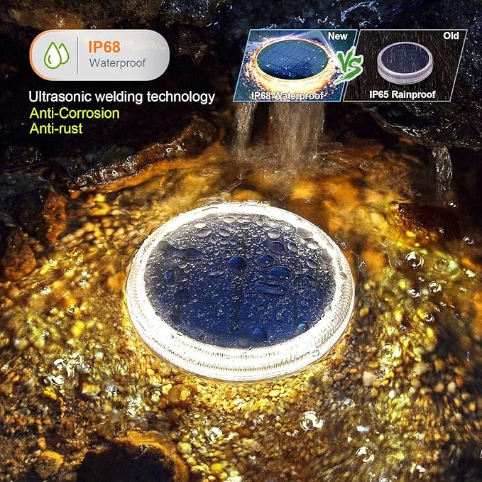 YiLaie LED Solar Deck Lights Outdoor Round Stick on Solor Powered Waterproof, Auto ON/Off Solar Stair Lights for Garden Patio Concrete Pathway Walkway Driveway(4 Pack)