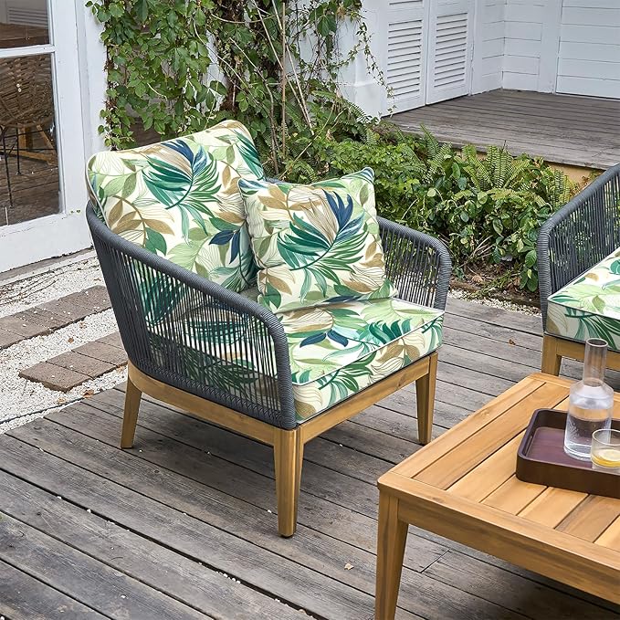 LVTXIII Outdoor Deep Seat Cushion Patio Seat and Back Cushion Set Seasonal Chair Cushion for Dining Arm Chairs, Wicker Chairs and Garden Furniture Decoration, 24"x24"x4", Lush Leaf Green