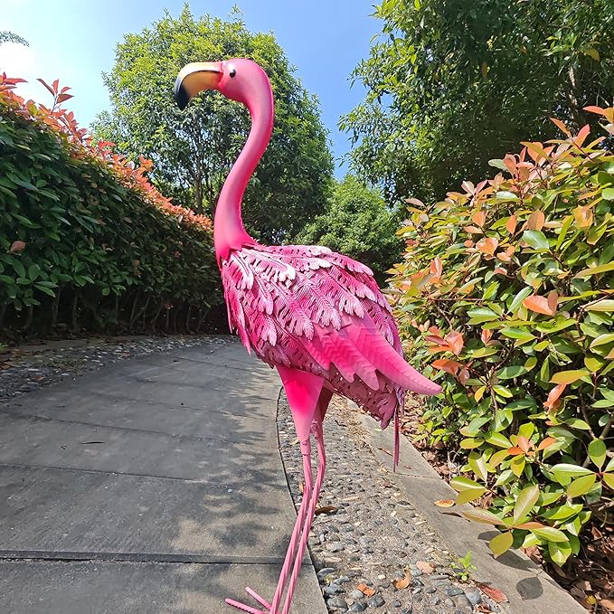Garden Statues Flamingo Sculptures Metal Yard Art, Pink Bird Art Outdoor Backyard Decor Patio Lawn Porch Ornament Flamingo Yard Decoration (Pink with White)