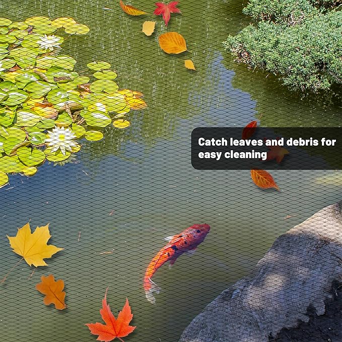Rainleaf Pond Netting, 7' x 10' Pond Net Cover, Koi Pond Netting for Leaves, Heavy Duty Koi Pond Net Protecting Koi Fish from Herons, Stakes Included