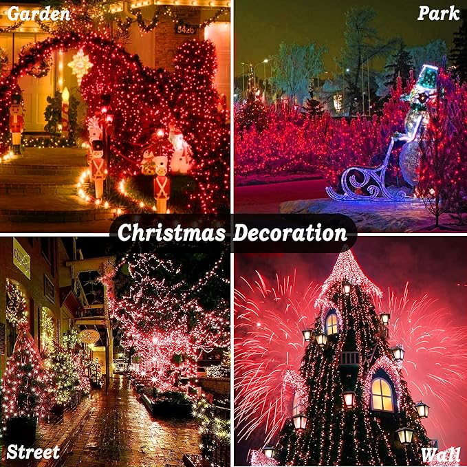 KNONEW 197FT 500 LED Christmas Lights Outdoor String Lights 8 Modes & Time Memory Fairy Light Plug in Waterproof LED String Lights for Xmas Yard Tree Wedding Party Holiday Decorations (Red)