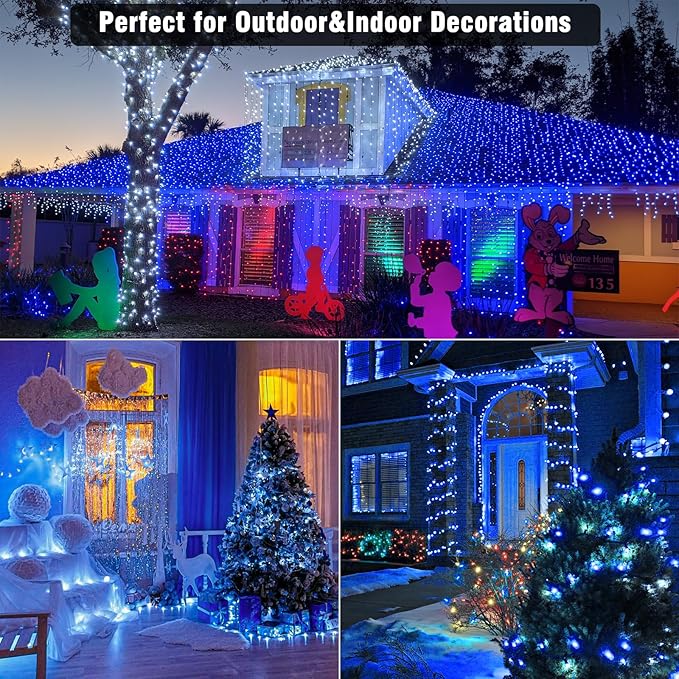 33ft 100 LED Christmas Lights Outdoor - 8 Modes Christmas String Lights Clear Wire with Time Memory, Waterproof Plug in Fairy String Lights for Indoor Outdoor Home Party Garden Decoration, Blue