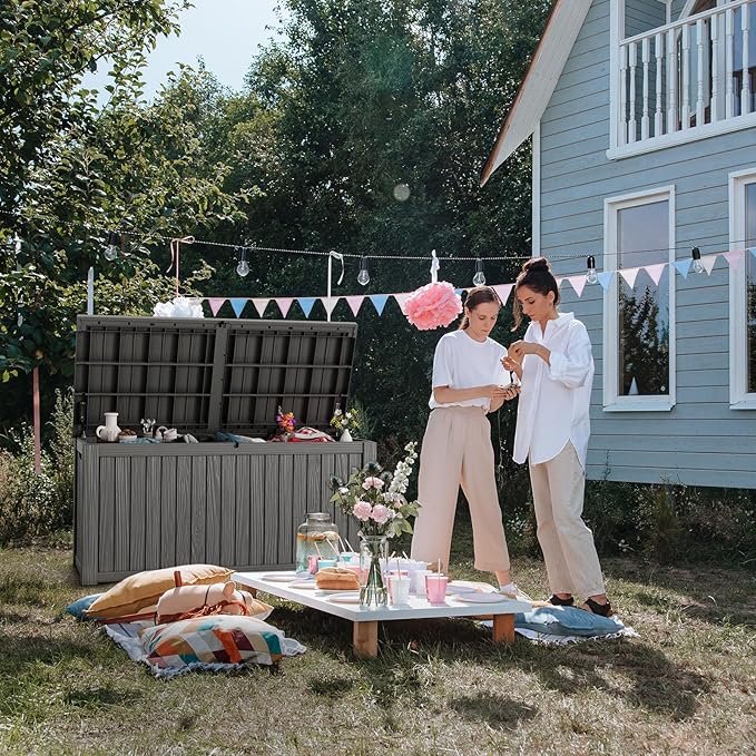 180 Gallon Deck Box,Resin Outdoor Storage Box with Lockable for Patio Furniture, Pool Accessories, Garden Tools Waterproof Outside Storage Box, Grey