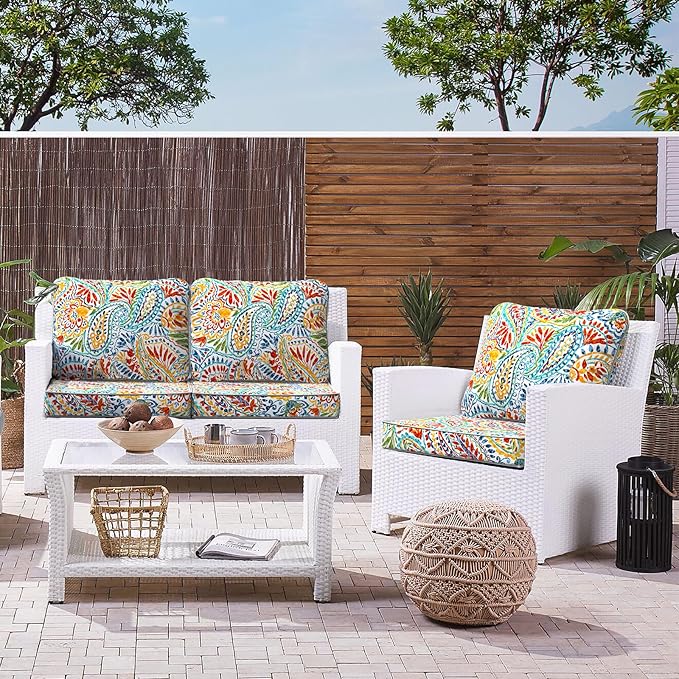 LVTXIII Outdoor Deep Seat Cushion 24"x24"x4" Patio Seat and Back Cushion Set Seasonal Chair Cushion for Dining Arm Chairs, Wicker Chairs and Garden Furniture Decoration, Paisley Multi