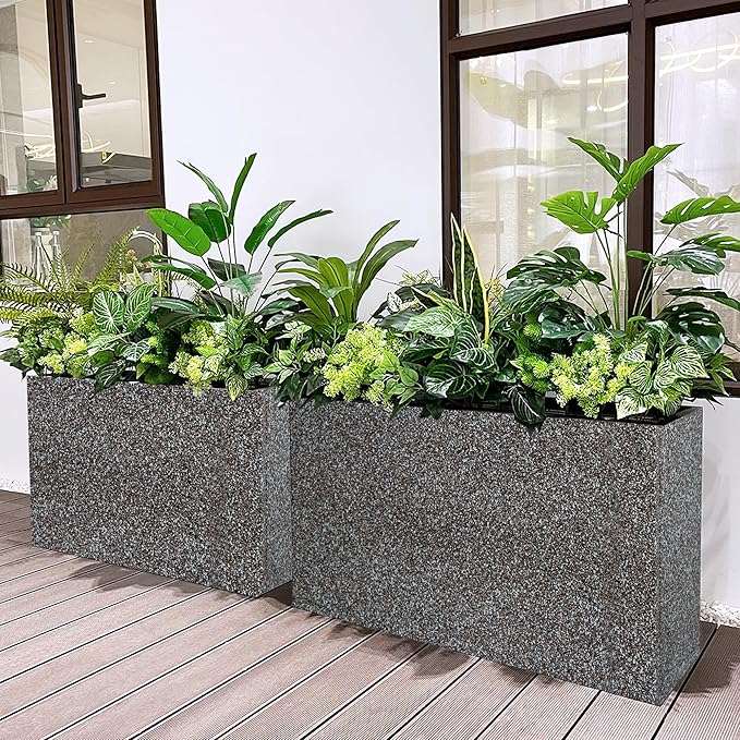 Metal Planter Box Rectangular Planter, 35.5" Lx 10" Wx 28" H Terrazzo Pink Large Planters with Drainage Holes, Galvanized Steel Tall Planters for Patio/Porch