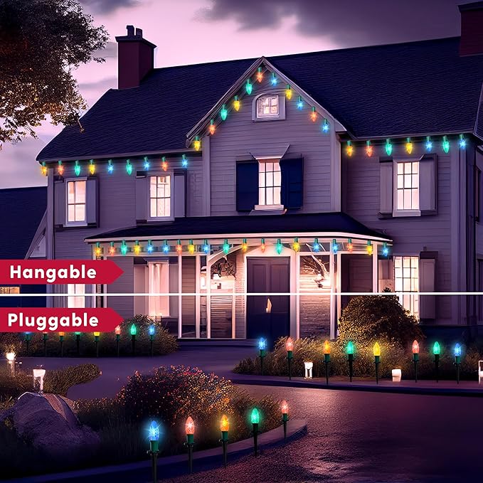 JOIEDOMI 30.75FT C9 Christmas Pathway Strawberry Stake Lights 24 LED, Multicolor Outdoor Faceted Walkway Decor with Marker Connectable for Holiday Xmas Yard Garden Lawn