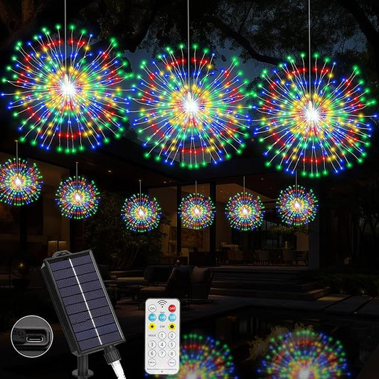 Solar Firework Lights Outdoor, 600 LED Starburst Light Outdoor with USB Rechargerable, 8 Modes Waterproof Solar Hanging Lights for Gazebo Yard Party Wedding Decorations (Multicolored, 600 LED)