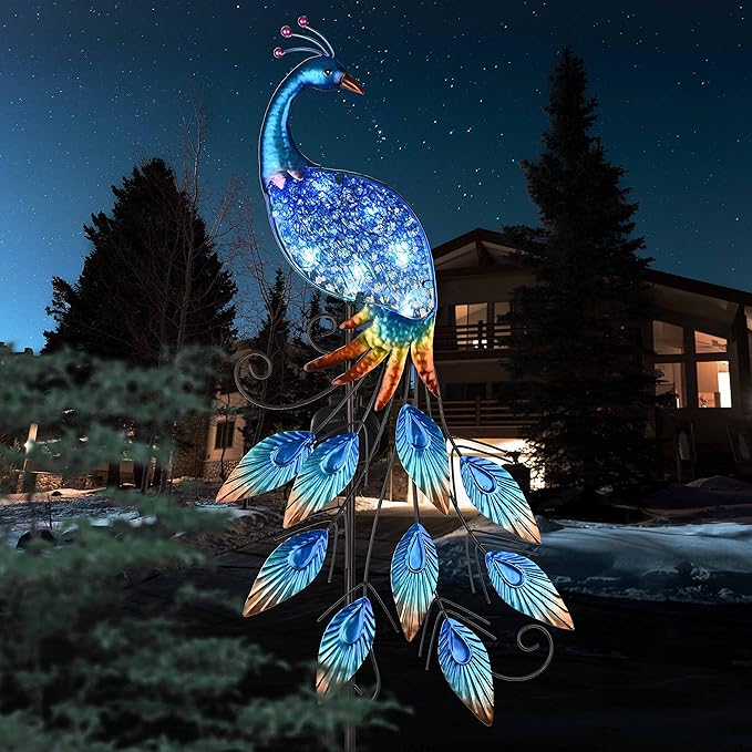 TERESA'S COLLECTIONS Garden Decor Blue Peacock with Solar Outdoor Lights, 40" Glass Yard Art for Outside, Decorative Metal Stake Outdoor Decor for Lawn Decorations, Patio, Gifts for Mom