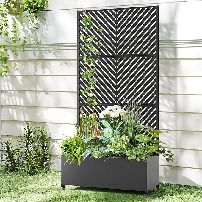 Raised Garden Bed with Trellis and Wheels,73"x35"x16" Metal Raised Garden Bed,Black Parallel Metal Planter with Climbing Trellis for Vines & Vegetables