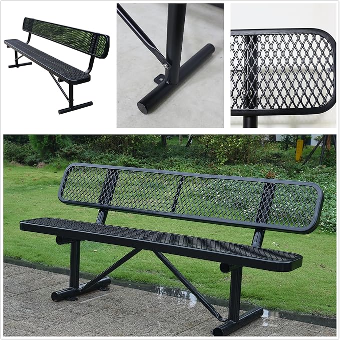 6 FT Heavy Duty Park Bench, Outdoor Metal Black Bench with Back-Commercial Steel Benches for Outside, 2-4 Person Seat-Garden Benches with Portable Frame for Outdoors