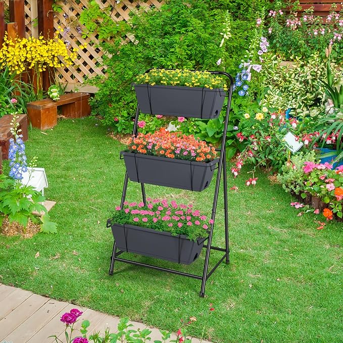 Vertical Garden Planter 3 Tier Raised Garden Bed Herb Planter Outdoor Standing Garden Planter Box with Drainage Holes Removable Tray for Patio Balcony Porch Grey