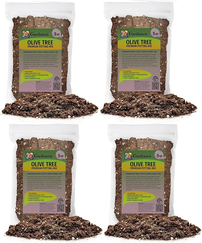 Premium Potting Mix for Olive Trees by Gardenera - 20 Quart - Promotes Strong Roots and Abundant Harvests (4 Bags of 5 Quart)