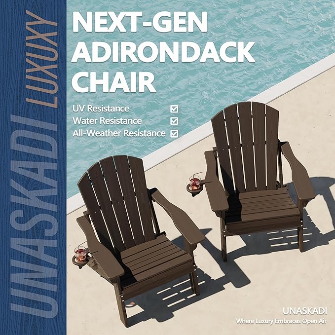 Folding Adirondack Chair with Cup Holder, HDPE All Weather Resistant Plastic Outdoor Patio Chairs, Heavy Duty Fire Pit Seating for Backyard Lawn Garden, Wooden Textured Design(Coffee)