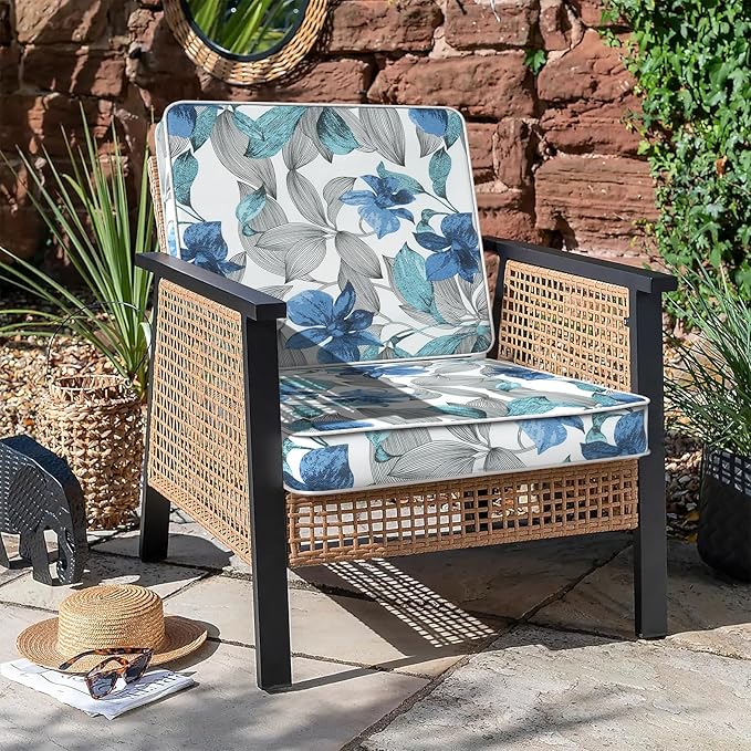 LVTXIII Patio Chair Cushions 22"x22"x3", Water-Repellent Outdoor Seat Cushions for Patio Furniture, Square Chair Pads with Ties for Home Garden Decoration, Set of 2, Clemens Noir Blue