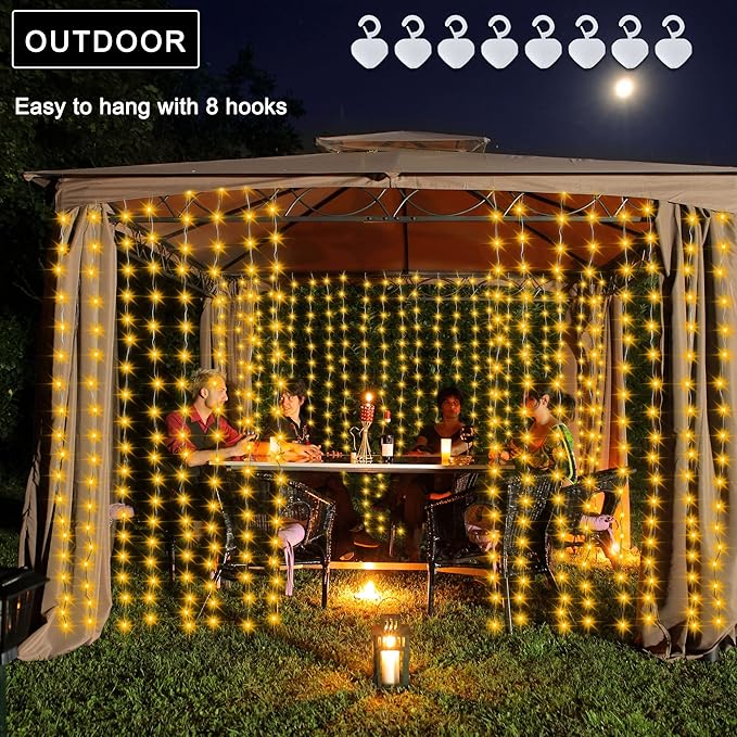 Solar Curtain Lights 7.9ft x 6ft 144 LED Outdoor Curtain Lights Waterproof with Timer 8 Modes for Christmas Garden Patio Fence Wedding Wall Window Gazebo Decor - Warm White
