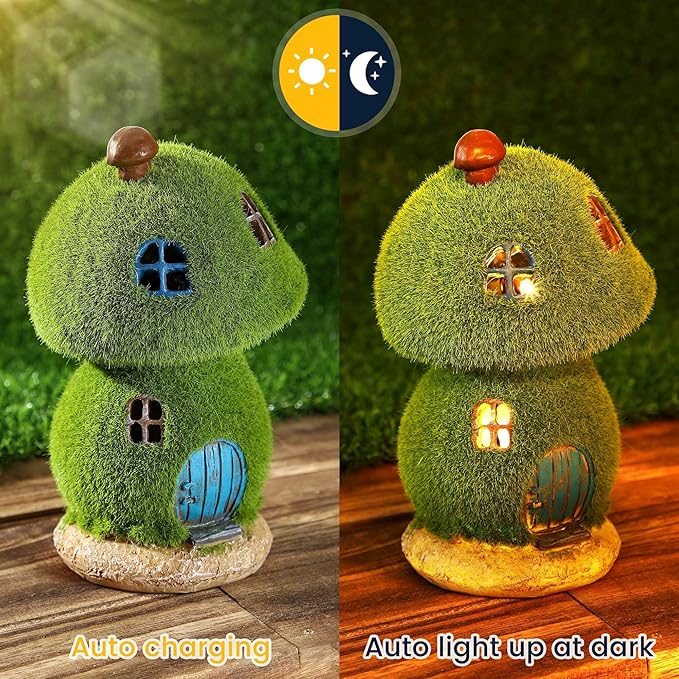 Mushroom Fairy House Decor - Figurine Lights Outdoor Solar Fairy Garden House for Patio Lawn Yard Ornaments, Housewarming Gift 7.4 inch