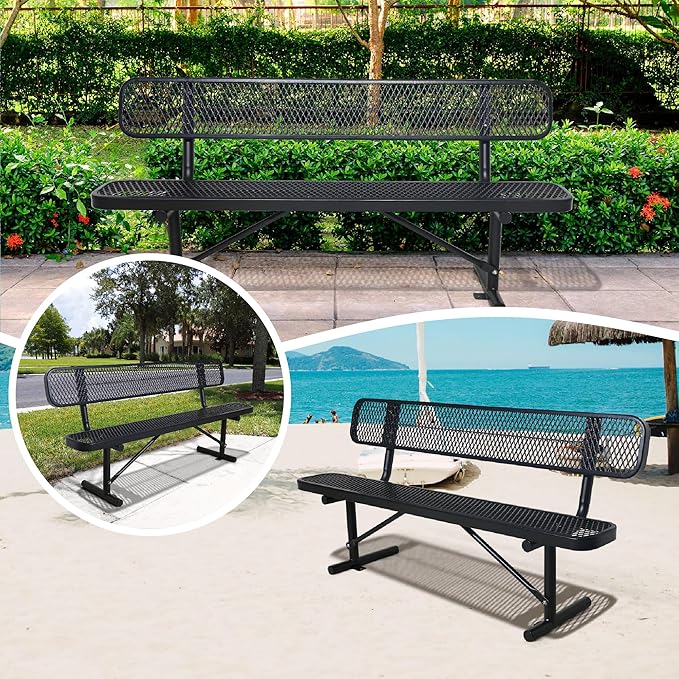 8 FT Heavy Duty Metal Park Bench for Outside, Black Bench with Backrest,4-6 Person Seat, Outdoor Commercial Metal Mesh Benches for Shopping Mall, Lawn, Park, Deck, Garden, Patio, Porch