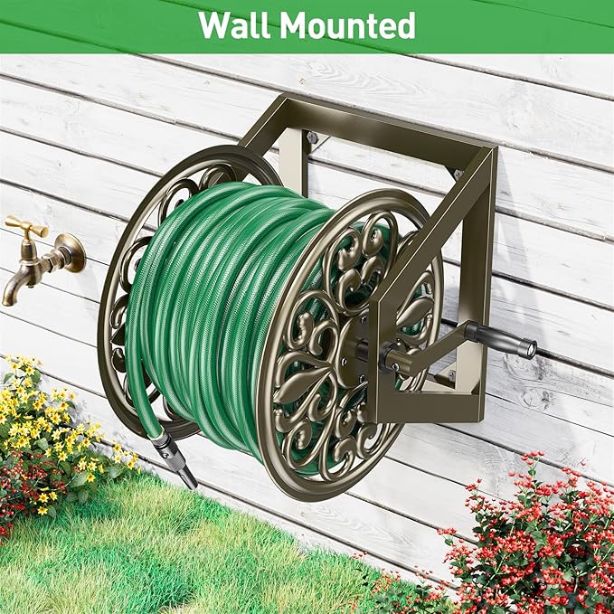 GOFORWILD Garden Wall/Floor Mount Hose Reel, Decorative Hose Reel, Garden Heavy-Duty Water Hose Holder Winder, Holds 200-Feet of 5/8-Inch Hose