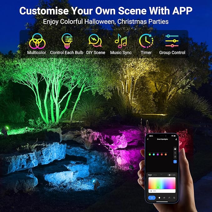 ropelux Low Voltage Landscape Lighting, RGBW Spot Lights Outdoor with App/Vioce Control, IP65 Waterproof, Color Changing, 51ft Led Outdoor Spotlight for Yard Garden Patio Halloween-5 Pack
