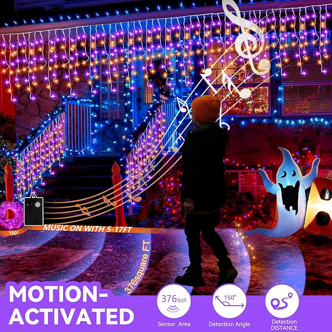 Halloween Icicle Lights with Spook Music Motion Sensing Function - 340LED 29Ft Purple Orange Curtain String Lights - Plug in Lighting for Outdoor Garden Window House Bedroom Halloween Decorations