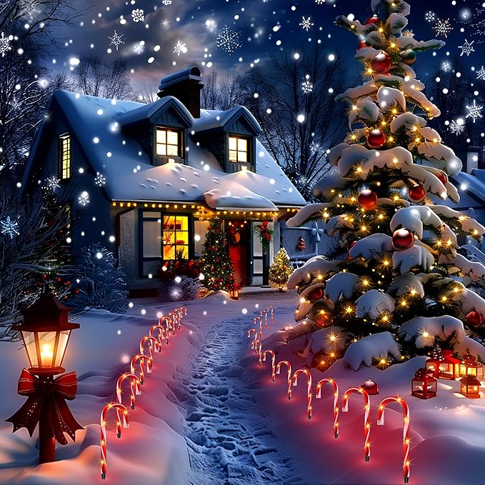 VCOKEN 10'' Christmas Candy Cane Pathway Markers Lights - Set of 10 Christmas Stakes Lights Outdoor Pathway Decorations, Connectable & Light Up Xmas Holiday Party Yard Art Indoor Outdoor Ornament
