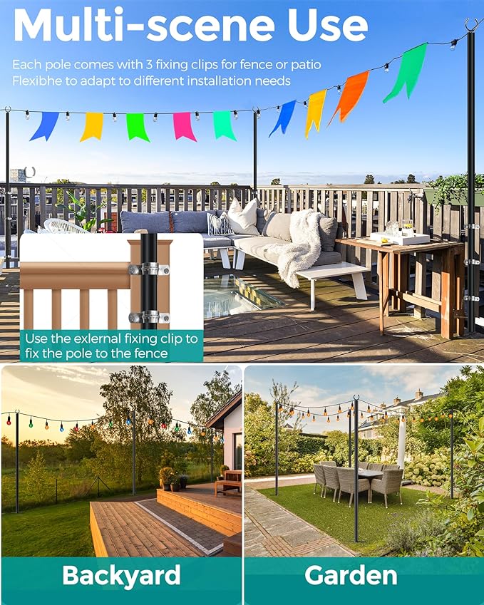 LAND·VOI 4 Pack String Light Poles, 9FT Heavy Duty Metal Light Poles for Outside String Lights, Outdoor light poles with 5 Prong Fork, Light Pole Stand for Patio, Backyard, Garden, Deck, Black FLP14B