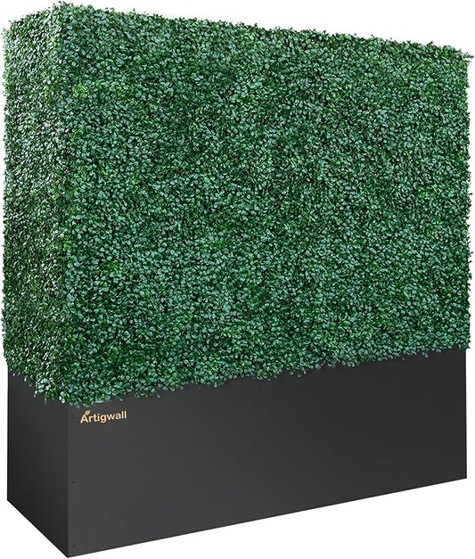 Artificial Boxwood Hedge Divider Wall with Black 201 Stainless Steel Planter Box (60" L X 48" H X 14" D)