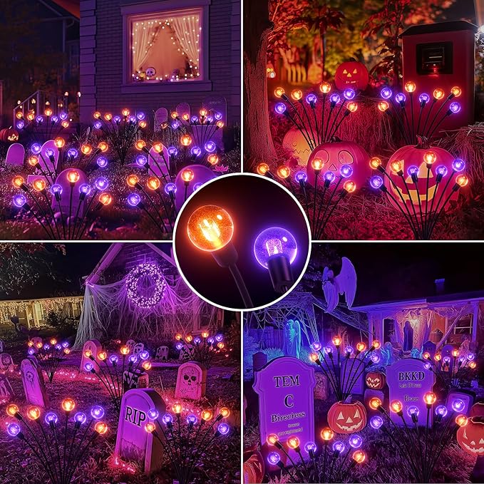 4Pack Halloween Decorations Outdoor, KELME Purple & Orange 32 LED Swaying Solar Halloween Lights Outdoor, 2 Modes Outdoor Halloween Decorations Decor Halloween Solar Lights for Party Yard Garden