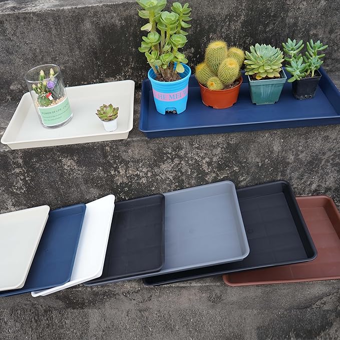 4 Pack Plant Saucer Tray Rectangular, Plant Saucers for Indoors, Heavy Sturdy Plastic Plant Drainage Trays, Plant Drip Trays for Pots, Seed Starter Growing Tray (11 x 9, Creamy White)