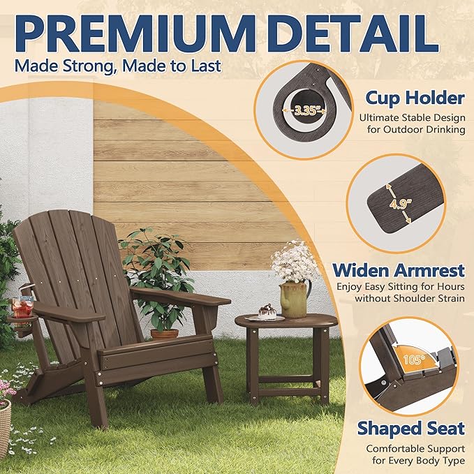 Folding Adirondack Chair with Cup Holder, HDPE All Weather Resistant Plastic Outdoor Patio Chairs, Heavy Duty Fire Pit Seating for Backyard Lawn Garden, Wooden Textured Design(Coffee)