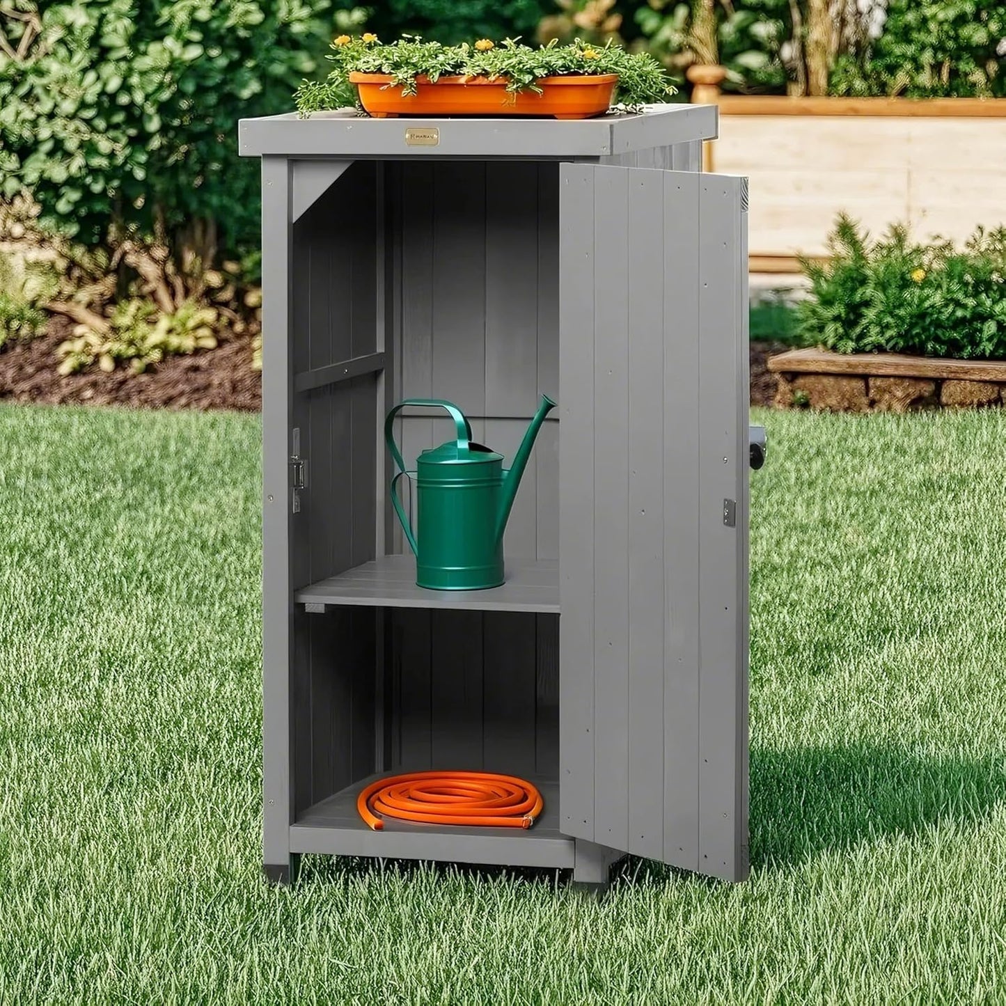 Outdoor Storage Cabinet for Patio, Garden Potting Bench Table with Shelves & Metal-Tabletop, Wooden Planting Work Station, Weatherproof