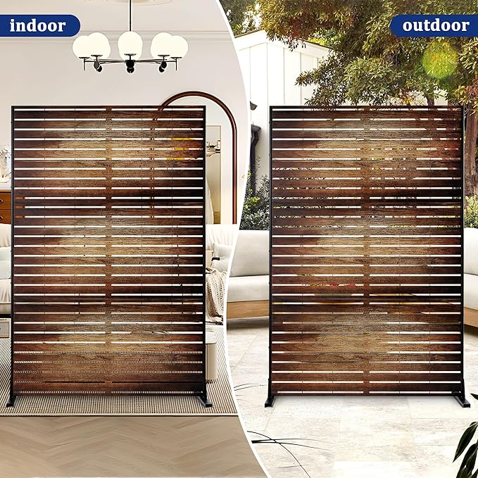 FENCY Outdoor Privacy Screen, 72" H×47" W Metal Patio Privacy Screen, Freestanding Decorative for Deck Balcony Patio Vintage Wood Color