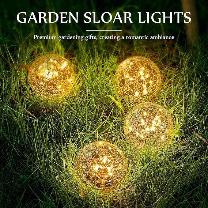 Honoson 4.7 Inch Solar Globe Lights Outdoor Waterproof, Solar Balls for Garden Cracked Glass Ball, Ground Landscape Garden Decor for Patio and Yard Lawn Backyard (4 Pieces)
