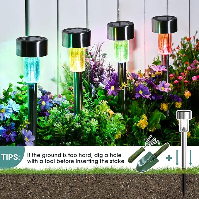 GIGALUMI 12Pack 6Color Solar Garden Lights, Solar Christmas Lights Outdoor Waterproof Decorative, Stainless Steel Led Pathway Landscape Lighting for for Landscape, Yard, Garden, Lawn and Walkway