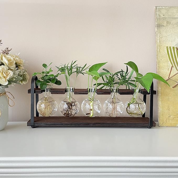 THYGIFTREE Plant Propagation Stations with Wooden Stand, Desktop Retro Plant Terrarium Bulb Vase for Indoor Hydroponic Flowers, Tabletop Glass Planter Housewarming Gifts for Plant Lovers