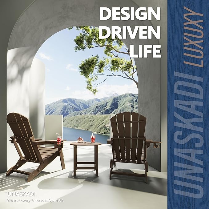 Folding Adirondack Chair Set of 4 with Cup Holder, HDPE All Weather Resistant Plastic Outdoor Patio Chairs, Heavy Duty Fire Pit Seating for Backyard Lawn Garden, Wooden Textured Design(Coffee)
