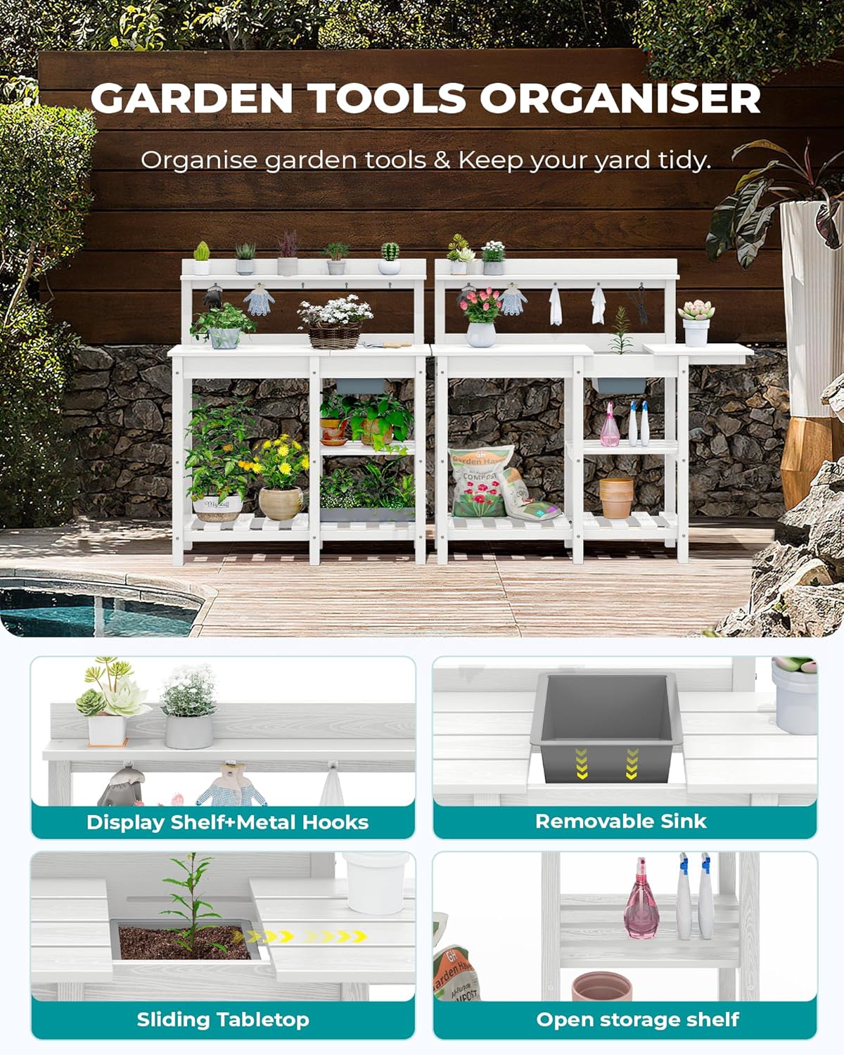 SERWALL Potting Table Set of 2 for Outside All Weather Use- White